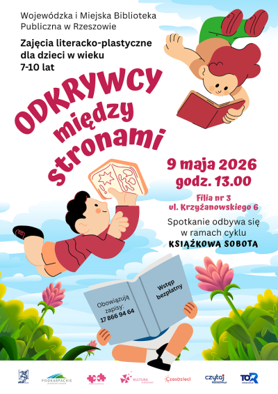 Grafika promująca spotkanie dla dzieci Odkrywcy między stronami